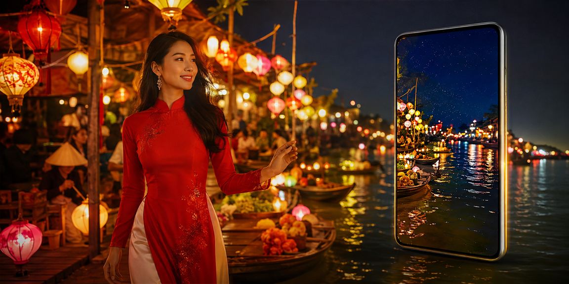 Người phụ nữ mặc áo dài tại Hội An dùng app casino trên điện thoại